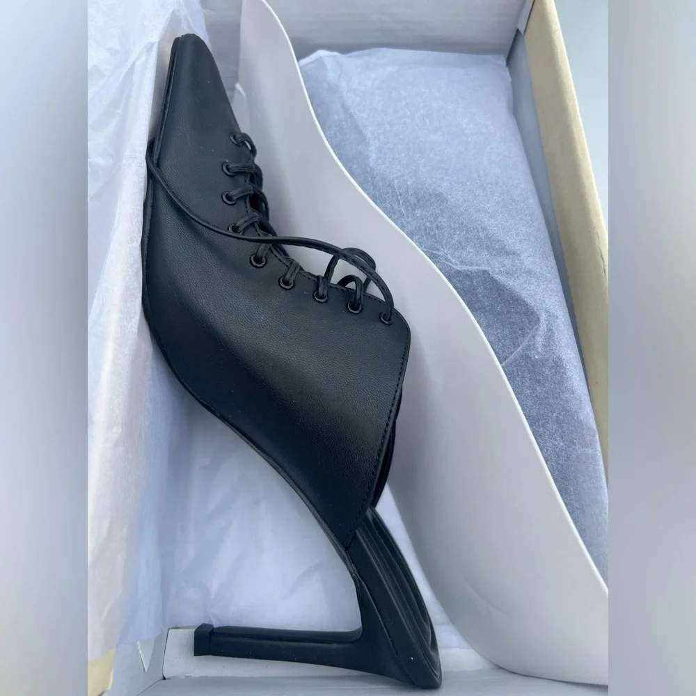 🆕OPEN EDIT Natalya Black Leather Lace Up Pointed Toe Mule Stiletto Pumps::NIB: